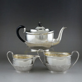 西洋古董银器 1894年英国谢菲尔德纯银茶壶 茶具 三件套装1033克