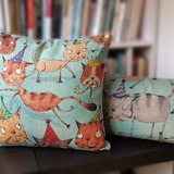 创意棉麻卡通 马戏团猫咪 沙发靠垫汽车腰枕腰靠 彩绘办公室靠枕