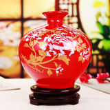 景德镇陶瓷器 中国红牡丹花瓶石榴瓶 现代时尚装饰品新房婚庆摆设