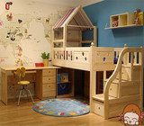 实木儿童床/电脑桌组合床踏步梯柜床 松木半高床带书柜松木小屋床