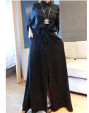 韩版中腰连衣裙拖地长裙欧美风帅气性感超长款开衫长袖单排扣长裙