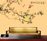 回首壁画中式国画墙纸古典中式花鸟图沙发卧室背景壁纸设计3D无缝