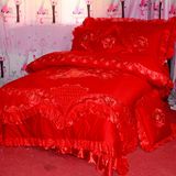 婚庆床品纯棉全电脑绣花蕾丝边床罩式床上用品四件套大红2米床