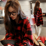 韩版秋季新款纯棉休闲女长袖红黑格子衬衫中长款衬衣宽松大码
