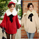 韩国冬装新款中长款毛领斗篷蝙蝠袖大码呢子大衣女装毛呢外套正品