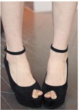 特价2015欧美新款高跟单鞋坡跟防水台厚底鱼嘴鞋黑色绑带小码凉鞋