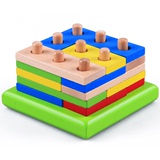 木制智力几何形状拼装组合积木 儿童套柱配对2-7岁宝宝益智玩具