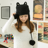 韩国可爱猫耳朵毛线帽 冬天护耳球球棉帽子针织帽 尖尖角女士帽子