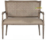 美式复古做旧橡木藤椅欧式实木双人沙发法式卧室布艺休闲椅小户型