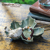 可立特美式乡村动物桌面饰品摆件 枫叶小鸟创意陶瓷首饰盒