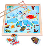 大号双杆磁性钓鱼拼图玩具 木质木制儿童宝宝海洋动物钓鱼板玩具