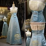 潘朵拉新款结婚宴会礼服定做 修身韩版蕾丝淡蓝主持人款 实体实拍