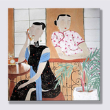 对话 手绘仕女人物油画订制中式古典客厅餐厅玄关 装饰画书房挂画