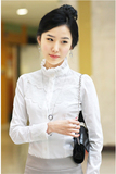 长袖衬衫女韩版修身半高领立领蕾丝打底衬衣纯棉大小码OL职业工装