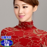 2015韩版新款秋季高领黑色打底衫女长袖薄款大码显瘦网纱t恤修身