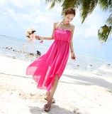 长裙子 韩版新款波西米亚吊带短款燕尾裙 雪纺甜美海边度假沙滩裙