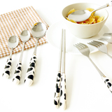 可爱奶牛纹陶瓷柄不锈钢餐具 西餐刀 水果叉 勺子 筷子 大中小号