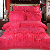 床上四件套家纺婚庆床品纯棉贡缎纯色绣花欧式夹棉床单床盖式包邮