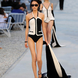 维多利亚的秘密泳衣女 新款显瘦黑白拼接三角连体泳装 欧美范