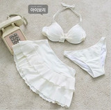 包邮韩国新款小胸聚拢钢托分体裙式比基尼三件套白色黑色游泳衣女