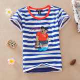 2015夏季新韩版小熊学院风时尚少女条纹圆领纯棉修身维尼短袖T恤