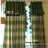 美式乡村田园风 帘头拼接色织2.8宽幅棉麻布料绿色格子 窗帘定做