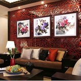 中式牡丹花卉客厅卧室床头书房三联装饰墙挂画框仿国画壁画有框画
