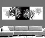 黑白发财树壁画/现代简约客厅无框画/沙发背景墙装饰画时尚三联画
