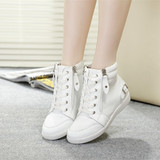 春季韩版白色真皮运动鞋内增高高帮鞋镂空系带休闲单鞋女鞋透气鞋
