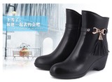 正品回力冬季女士坡跟雨鞋中筒加绒保暖雨靴时尚皮靴防水鞋套鞋