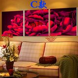 0大红牡丹花卉墙画挂画沙发墙装饰画客厅三联水晶画 无框画卧室