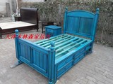 地中海蓝色儿童床储物床1.2米床原木床纯实木床欧式美式英式床