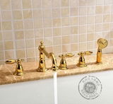仿古铜五孔分体浴缸淋浴水龙头套装 金色缸边冷热花洒