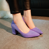 春秋韩版中跟粗跟尖头单鞋职业女鞋子浅口显瘦高跟紫色女士婚鞋潮