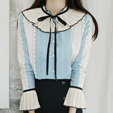 韩国正品Partysu女装代购衬衫Peacoc喇叭袖百褶甜美衬衫上衣