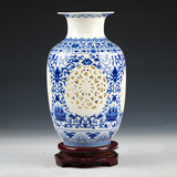景德镇陶瓷器青花镂空薄胎花瓶现代中式客厅餐桌装饰工艺品摆件