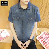 2016夏季男士韩版修身衬衫短袖衬衣青年休闲牛仔衣服大码潮流男装