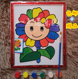 包邮带框水粉画 植绒儿童数字油画手绘卡通填色儿童涂鸦画水彩画