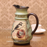 欧式田园花瓶 美式花鸟单耳奶壶花瓶 高档陶瓷花瓶餐桌茶几装饰品