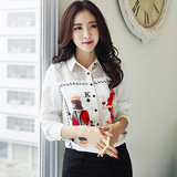 白衬衫女长袖2016春装韩版修身衬衫翻领女个性扑克印花上衣衬衣潮
