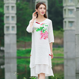 2016夏新款棉麻女装中国民族风手绘水墨画假两件套七分袖连衣裙