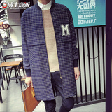 2016秋季风衣男中长款棒球领外套字母印花格子青年修身韩版潮大衣