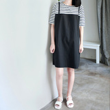 LILI|回馈 韩国简约设计感 条纹t恤吊带裙 拼接假两件 连衣裙