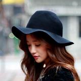 韩国进口女士秋冬款羊毛混纺黑色礼帽 韩版气质帽 宽沿帽正品代购