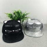 帽子夏季透气亮片猫咪耳朵新款韩版情侣嘻哈帽男女通用可爱遮阳帽