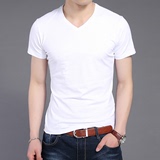 青年男士夏季V领薄款纯色短袖T恤休闲薄款纯棉修身背心半袖体恤衫
