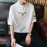 夏季男生立领短袖衬衫韩版日系宽松刺绣学生小清新半袖衬衣青年潮