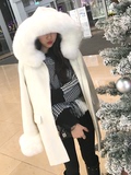 毛呢外套女白色毛领连帽中长款加厚韩版学生冬装呢子大衣韩国2015