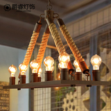 美式乡村客厅吊灯长方形铁艺复古麻绳个性灯具工业风咖啡厅吧台灯