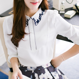 花沫雨衬衫女2016春装新款韩版刺绣雪纺衫修身长袖打底衫白衬衣女